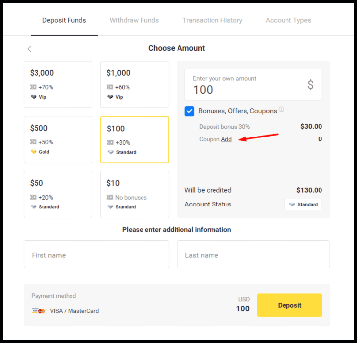 Binomo-Bonus auf Einzahlung – bis zu 70 %