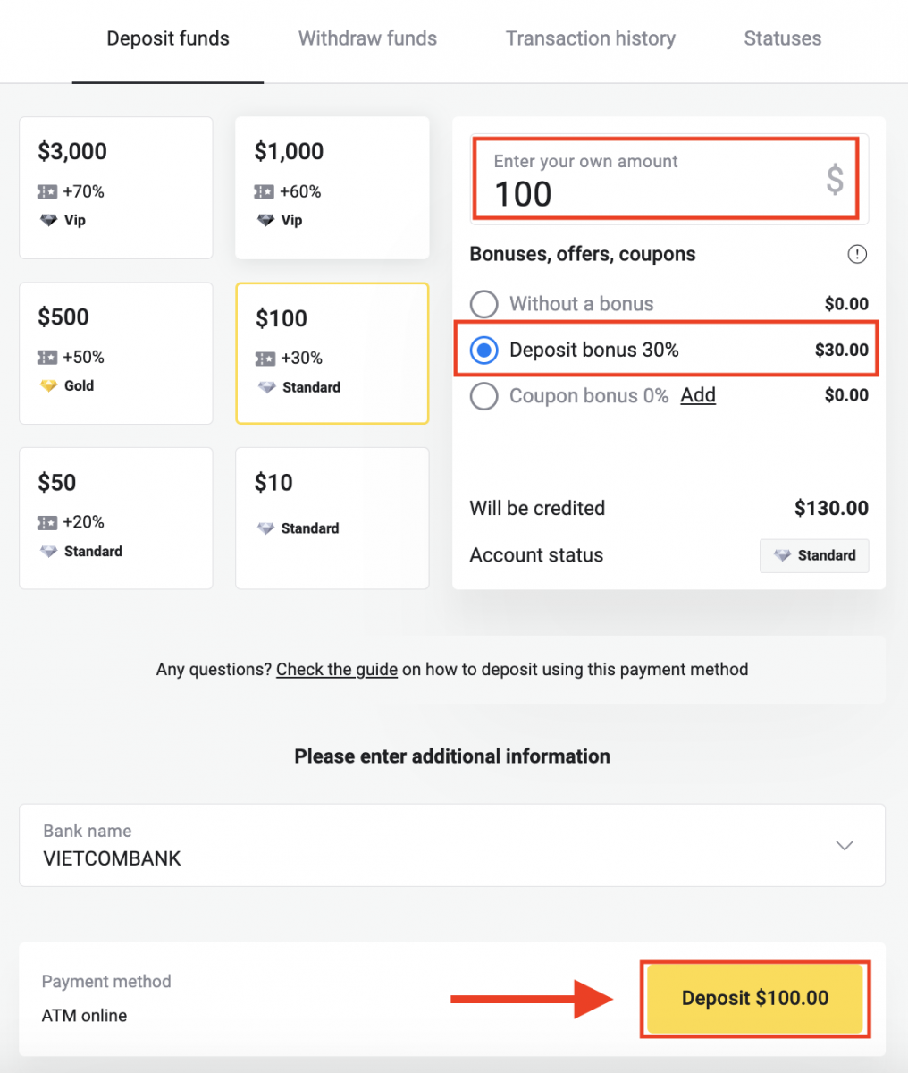 Deposit Funds in Binomo via Vietnam Bank Cards (Visa / Mastercard), Internet Banking (Techcombank, Sacombank, Agribank, ACB, Vietcombank, MB, DongA Bank, TPBank, ATM online) and E-wallets Deposit Funds in Binomo via Vietnam Bank Cards (Visa / Mastercard), Internet Banking (Techcombank, Sacombank, Agribank, ACB, Vietcombank, MB, DongA Bank, TPBank, ATM online) and E-wallets