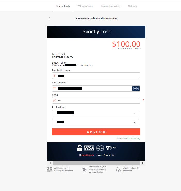 Deponeer fondse op Binomo via bankkaart