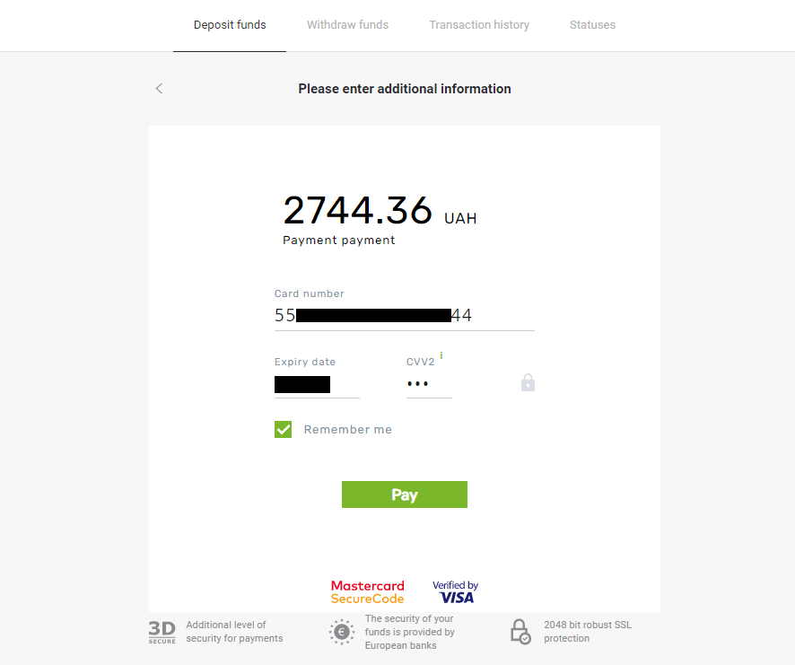 Deponeer fondse op Binomo via bankkaart