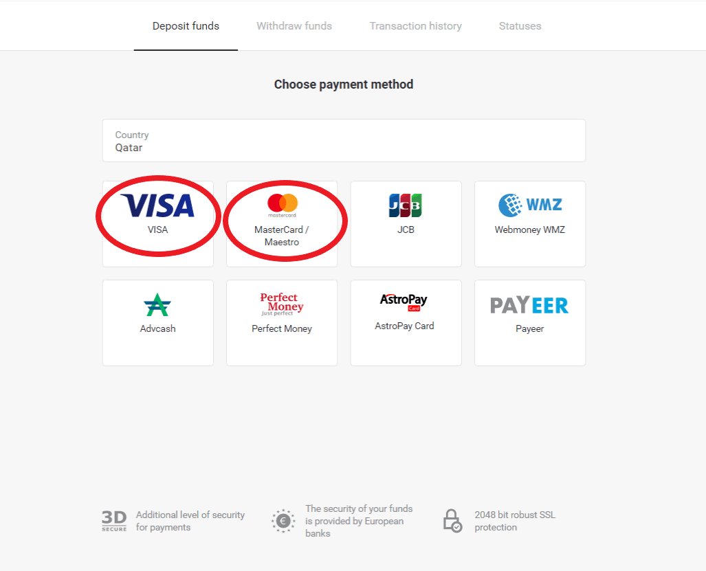 Noguldiet līdzekļus Binomo, izmantojot bankas karti