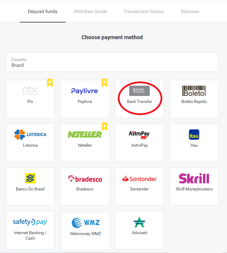 Deposit Funds on Binomo via Brazil Internet Banking (Bank Transer, Paylivre, Loterica, Itau, Boleto Rapido) and E-wallets (Picpay, Astropay, Banco do Brasil, Santander, Bradesco, Neteller, Skrill, WebMoney, Advcash)
