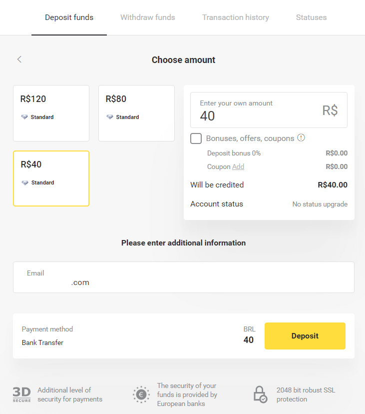 Deposit Funds on Binomo via Brazil Internet Banking (Bank Transer, Paylivre, Loterica, Itau, Boleto Rapido) and E-wallets (Picpay, Astropay, Banco do Brasil, Santander, Bradesco, Neteller, Skrill, WebMoney, Advcash)