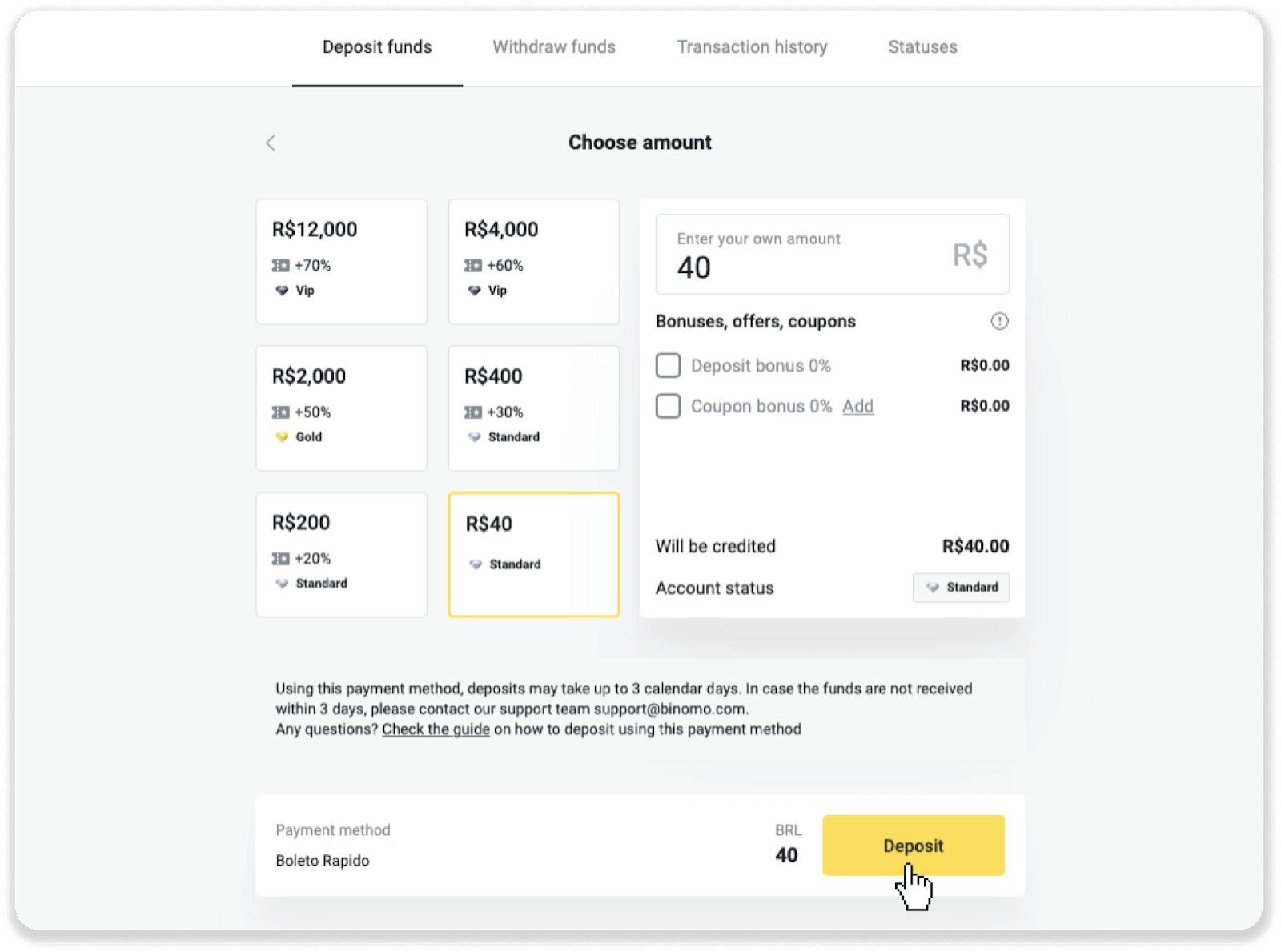 Deposit Funds on Binomo via Brazil Internet Banking (Bank Transer, Paylivre, Loterica, Itau, Boleto Rapido) and E-wallets (Picpay, Astropay, Banco do Brasil, Santander, Bradesco, Neteller, Skrill, WebMoney, Advcash)