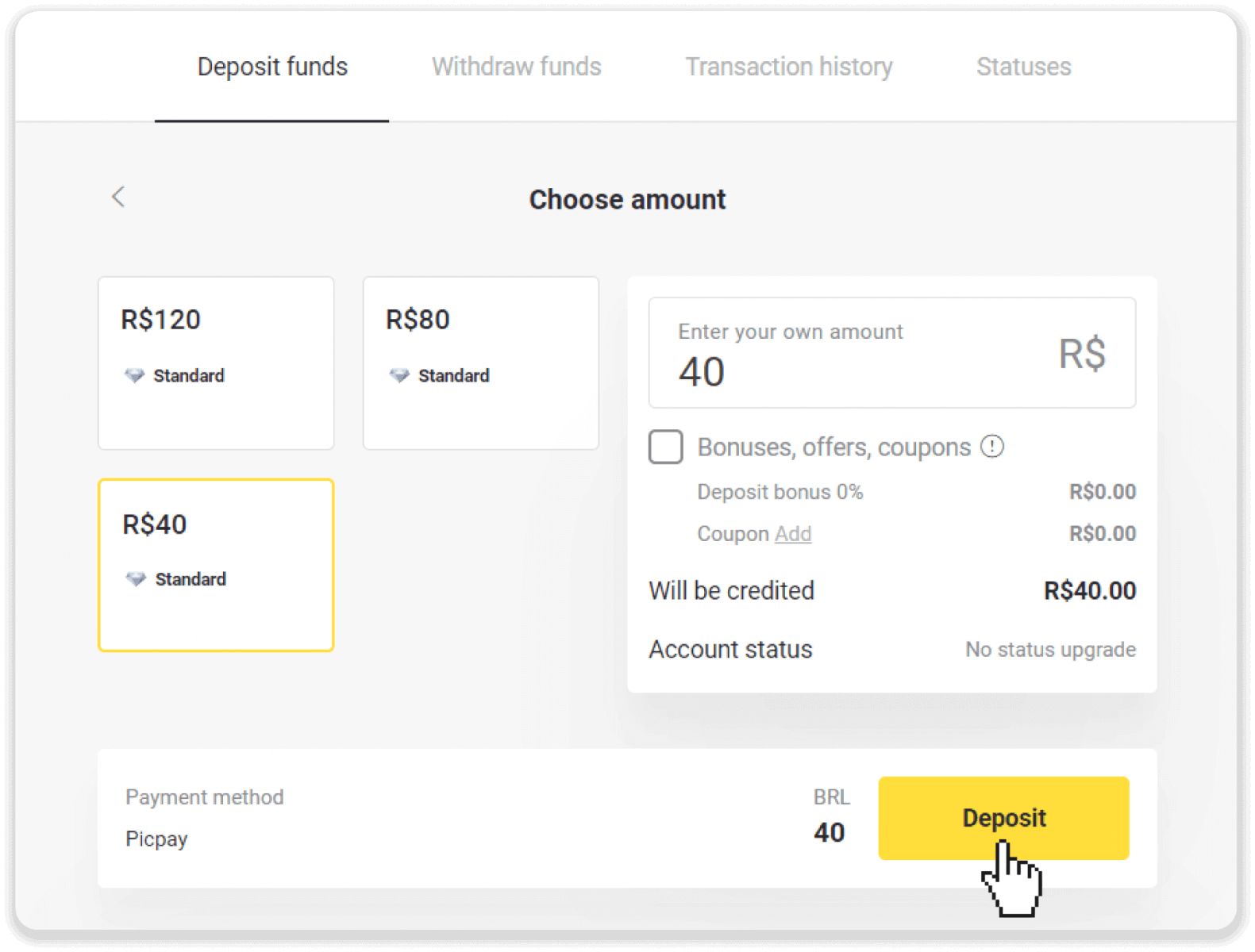 Deposit Funds on Binomo via Brazil Internet Banking (Bank Transer, Paylivre, Loterica, Itau, Boleto Rapido) and E-wallets (Picpay, Astropay, Banco do Brasil, Santander, Bradesco, Neteller, Skrill, WebMoney, Advcash)