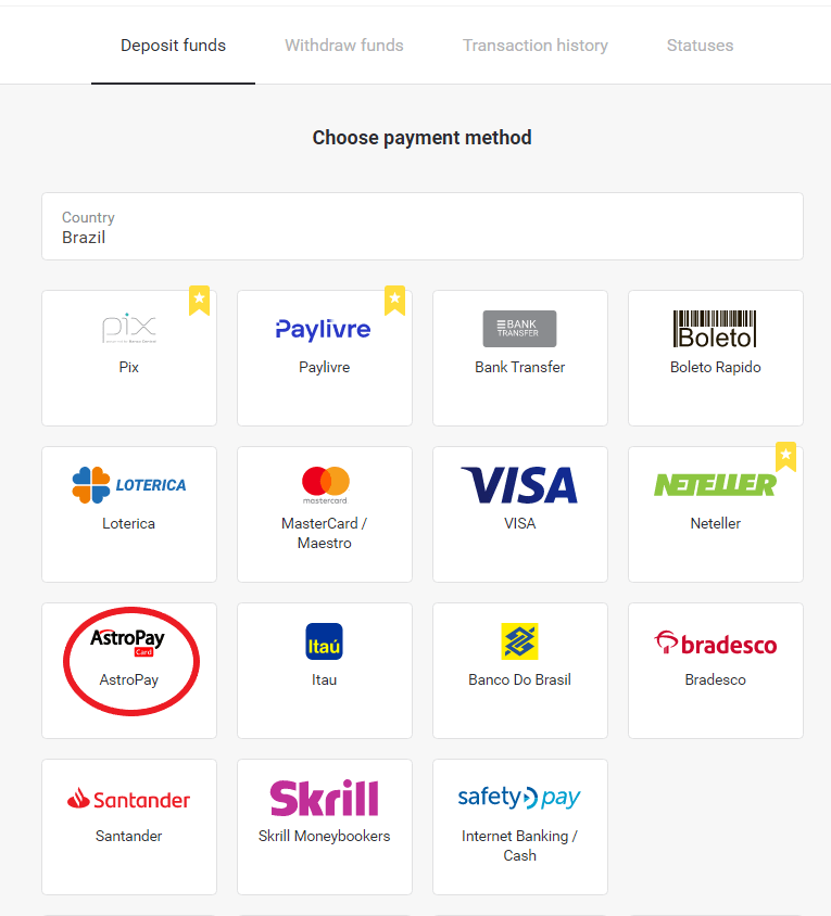 Deposit Funds on Binomo via Brazil Internet Banking (Bank Transer, Paylivre, Loterica, Itau, Boleto Rapido) and E-wallets (Picpay, Astropay, Banco do Brasil, Santander, Bradesco, Neteller, Skrill, WebMoney, Advcash)