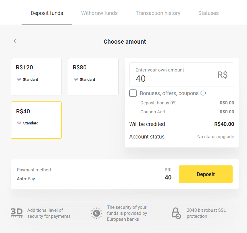 Deposit Funds on Binomo via Brazil Internet Banking (Bank Transer, Paylivre, Loterica, Itau, Boleto Rapido) and E-wallets (Picpay, Astropay, Banco do Brasil, Santander, Bradesco, Neteller, Skrill, WebMoney, Advcash)