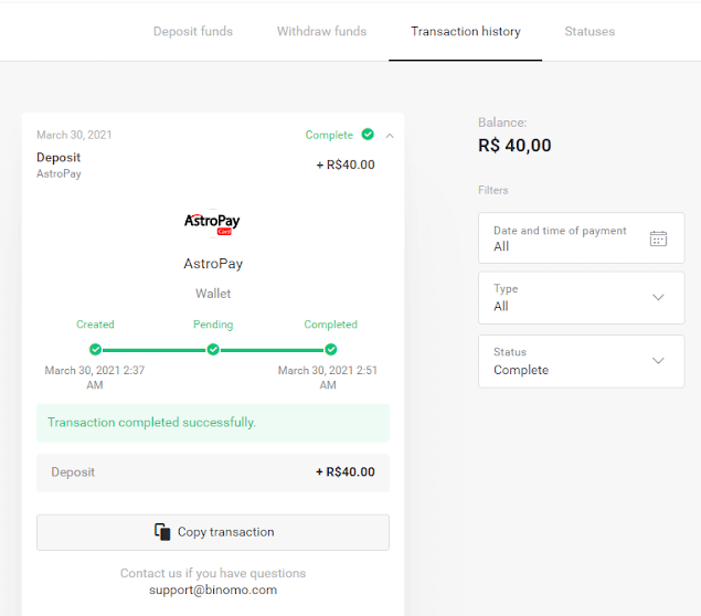 Deposit Funds on Binomo via Brazil Internet Banking (Bank Transer, Paylivre, Loterica, Itau, Boleto Rapido) and E-wallets (Picpay, Astropay, Banco do Brasil, Santander, Bradesco, Neteller, Skrill, WebMoney, Advcash)