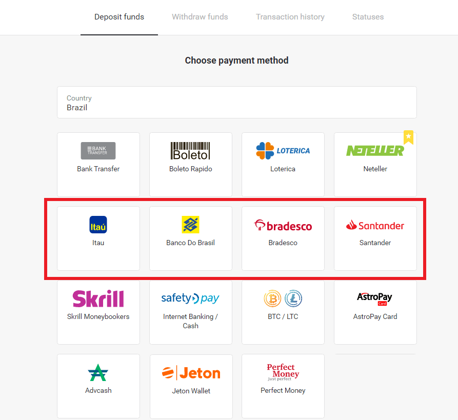Deposit Funds on Binomo via Brazil Internet Banking (Bank Transer, Paylivre, Loterica, Itau, Boleto Rapido) and E-wallets (Picpay, Astropay, Banco do Brasil, Santander, Bradesco, Neteller, Skrill, WebMoney, Advcash)