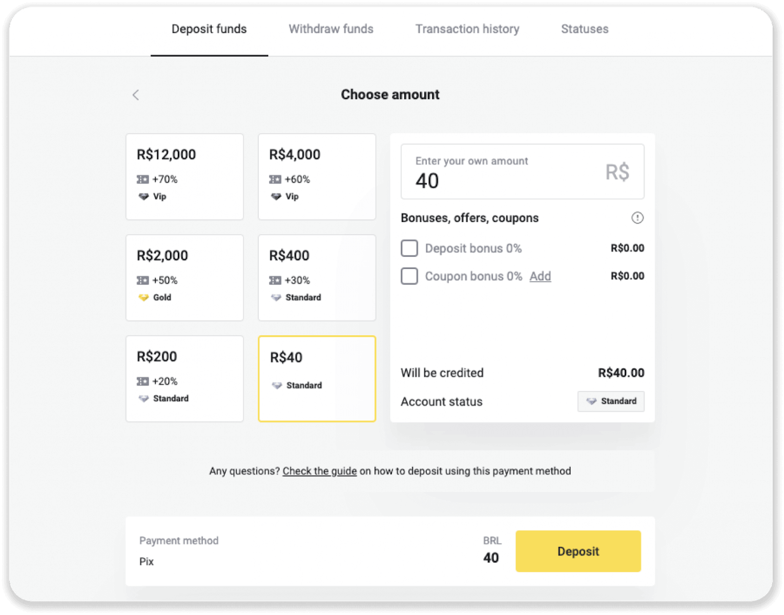 Deposit Funds on Binomo via Brazil Internet Banking (Bank Transer, Paylivre, Loterica, Itau, Boleto Rapido) and E-wallets (Picpay, Astropay, Banco do Brasil, Santander, Bradesco, Neteller, Skrill, WebMoney, Advcash)