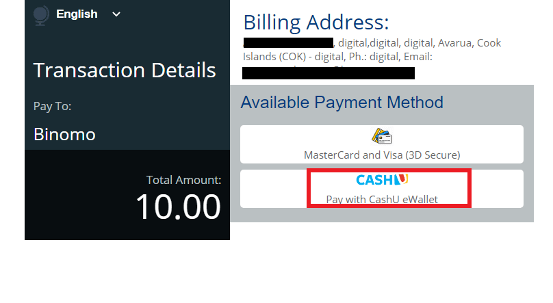 Deponeer fondse op Binomo via Cash U