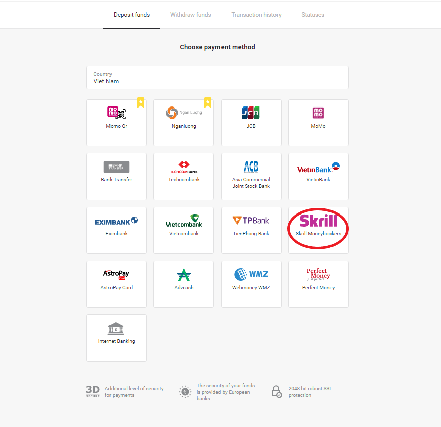 Setor Dana di Binomo melalui dompet elektronik (Webmoney WMZ, Picpay, Neteller, Astropay, Cash U, Skrill, uang tunai ADV, Kartu AstroPay, Perfect Money)