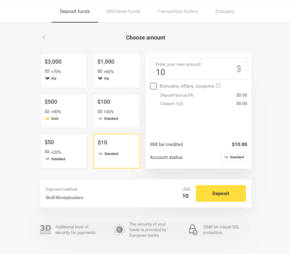 Setor Dana di Binomo melalui dompet elektronik (Webmoney WMZ, Picpay, Neteller, Astropay, Cash U, Skrill, uang tunai ADV, Kartu AstroPay, Perfect Money)