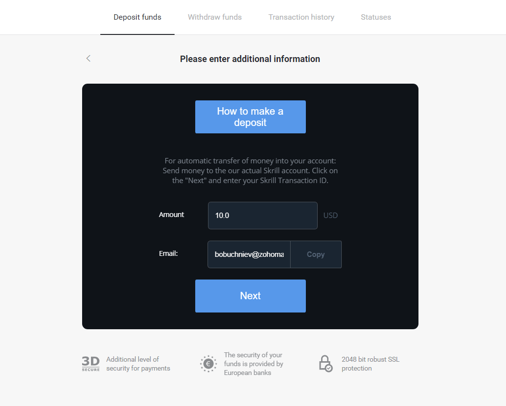 Setor Dana di Binomo melalui dompet elektronik (Webmoney WMZ, Picpay, Neteller, Astropay, Cash U, Skrill, uang tunai ADV, Kartu AstroPay, Perfect Money)