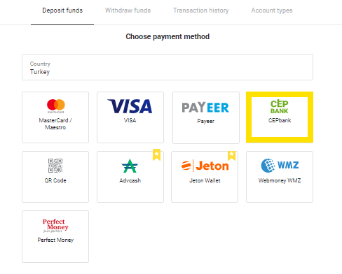 Setor Dana di Binomo melalui Kartu Bank Turki (Visa / MasterCard / Maestro), Perbankan Internet (transfer Bank, CEPbank, Kode QR) dan dompet elektronik (Jeton, Payfix, Hizli Papara, Papara) Setor Dana di Binomo melalui Kartu Bank Turki (Visa / MasterCard / Maestro), Perbankan Internet (transfer Bank, CEPbank, Kode QR) dan dompet elektronik (Jeton, Payfix, Hizli Papara, Papara)