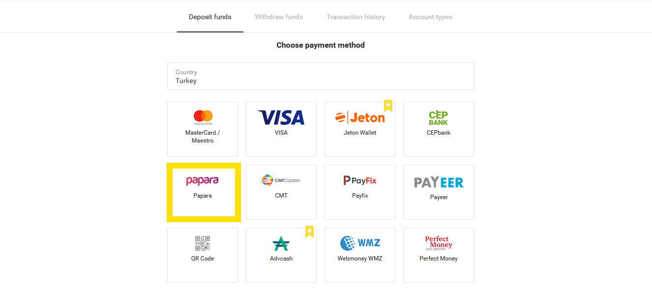 Setor Dana di Binomo melalui Kartu Bank Turki (Visa / MasterCard / Maestro), Perbankan Internet (transfer Bank, CEPbank, Kode QR) dan dompet elektronik (Jeton, Payfix, Hizli Papara, Papara) Setor Dana di Binomo melalui Kartu Bank Turki (Visa / MasterCard / Maestro), Perbankan Internet (transfer Bank, CEPbank, Kode QR) dan dompet elektronik (Jeton, Payfix, Hizli Papara, Papara)