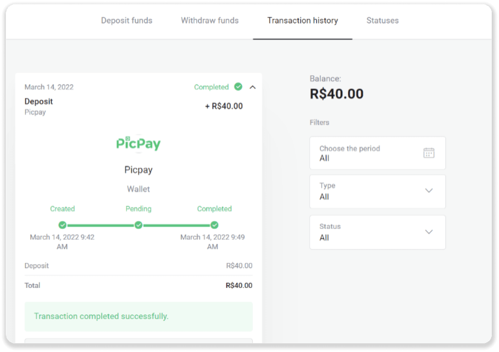 ฝากเงินผ่านการโอนเงินผ่านธนาคาร (Itau, PicPay, Loterica, Boleto Rapido ,Paylivre, Pagsmile, Bradesco, Santander) บน Binomo