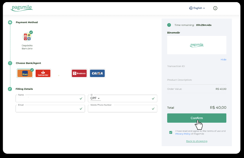 ฝากเงินผ่านการโอนเงินผ่านธนาคาร (Itau, PicPay, Loterica, Boleto Rapido ,Paylivre, Pagsmile, Bradesco, Santander) บน Binomo