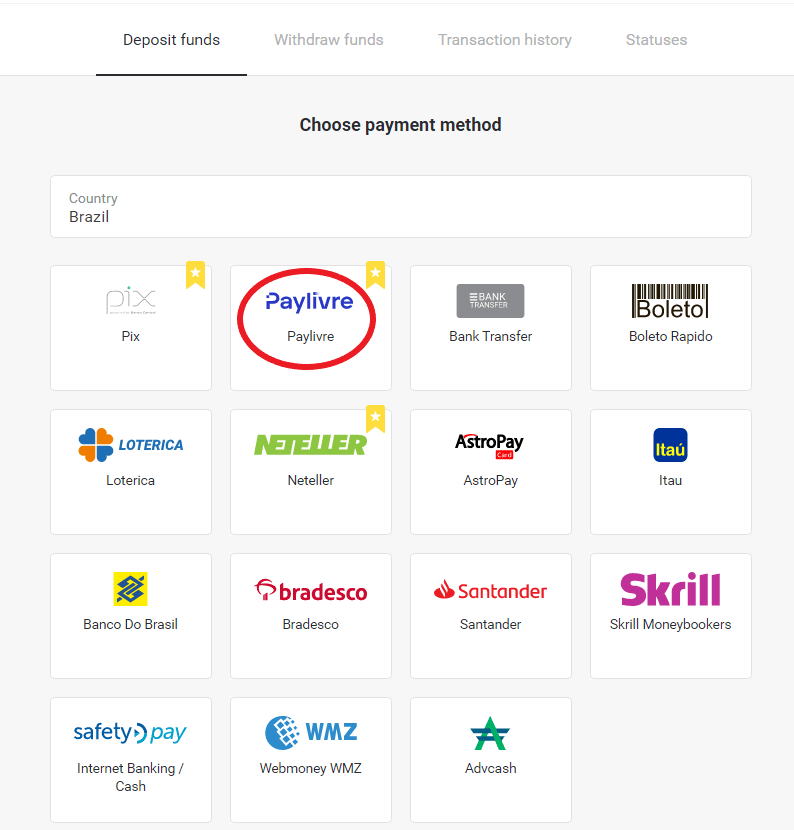 ฝากเงินผ่านการโอนเงินผ่านธนาคาร (Itau, PicPay, Loterica, Boleto Rapido ,Paylivre, Pagsmile, Bradesco, Santander) บน Binomo