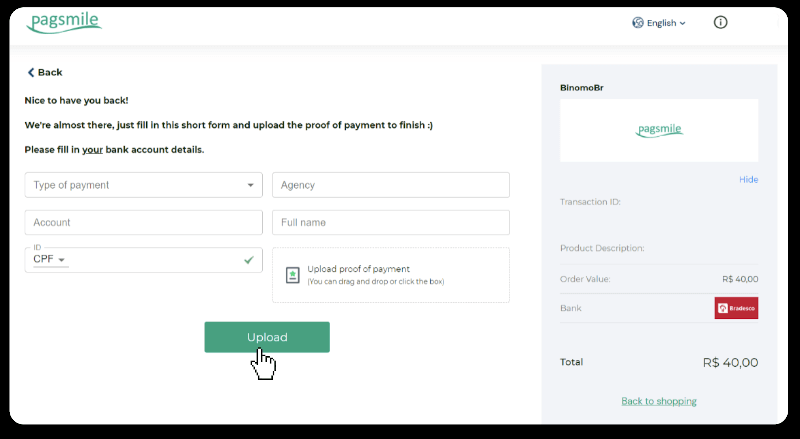 ฝากเงินผ่านการโอนเงินผ่านธนาคาร (Itau, PicPay, Loterica, Boleto Rapido ,Paylivre, Pagsmile, Bradesco, Santander) บน Binomo