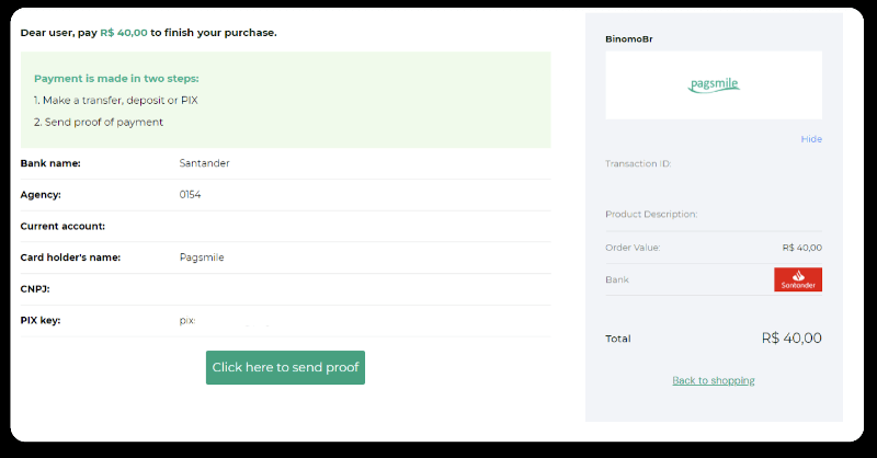 ฝากเงินผ่านการโอนเงินผ่านธนาคาร (Itau, PicPay, Loterica, Boleto Rapido ,Paylivre, Pagsmile, Bradesco, Santander) บน Binomo