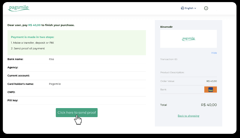 ฝากเงินผ่านการโอนเงินผ่านธนาคาร (Itau, PicPay, Loterica, Boleto Rapido ,Paylivre, Pagsmile, Bradesco, Santander) บน Binomo