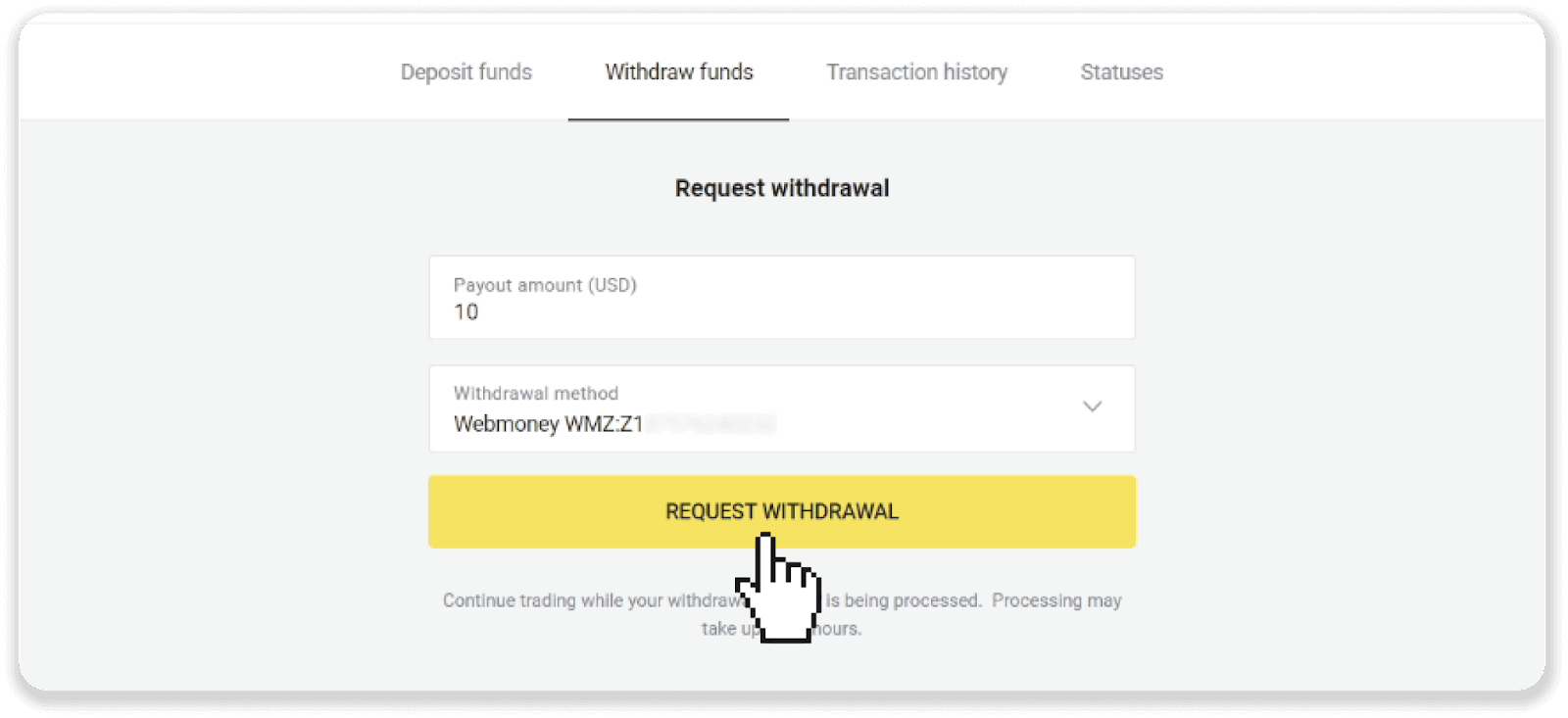 Cómo retirar fondos de Binomo a mi billetera electrónica (Payfix, Webmoney WMZ, Tpaga, Perfect Money, ADV cash, PayTM, Globe Pay, AstroPay, Jeton Wallet) Cómo retirar fondos de Binomo a mi billetera electrónica (Payfix, Webmoney WMZ, Tpaga, Perfect Money, ADV cash, PayTM, Globe Pay, AstroPay, Jeton Wallet)