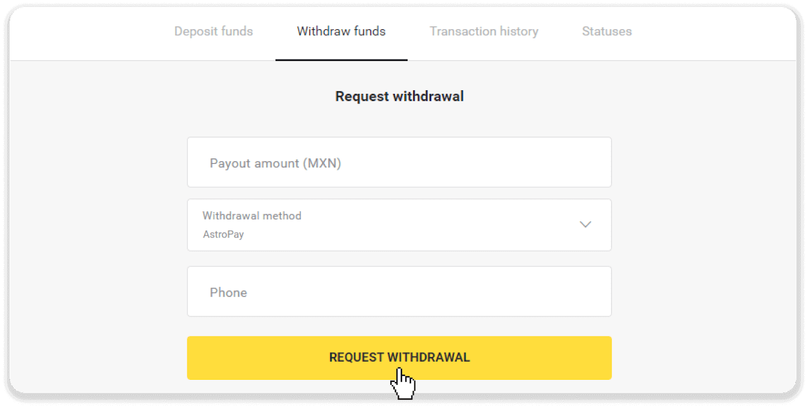 Cómo retirar fondos de Binomo a mi billetera electrónica (Payfix, Webmoney WMZ, Tpaga, Perfect Money, ADV cash, PayTM, Globe Pay, AstroPay, Jeton Wallet) Cómo retirar fondos de Binomo a mi billetera electrónica (Payfix, Webmoney WMZ, Tpaga, Perfect Money, ADV cash, PayTM, Globe Pay, AstroPay, Jeton Wallet)