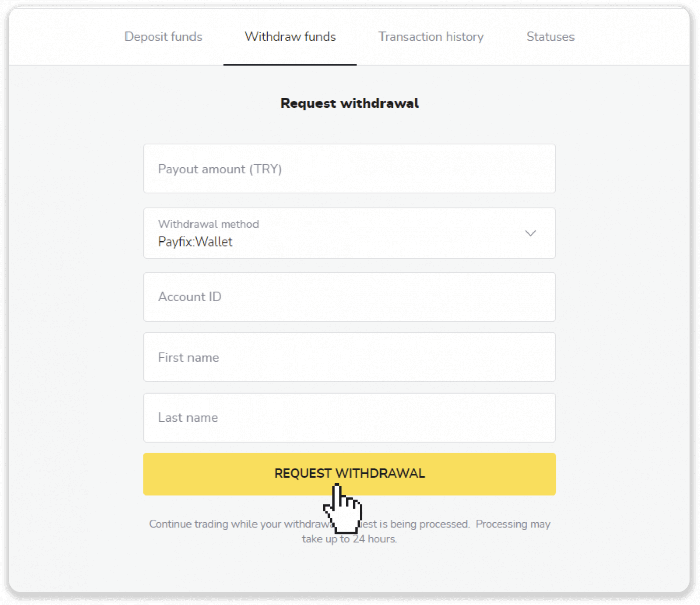 كيفية سحب الأموال من Binomo إلى محفظتي الإلكترونية (Payfix، Webmoney WMZ، Tpaga، Perfect Money، ADV Cash، PayTM، Globe Pay، AstroPay، Jeton Wallet)